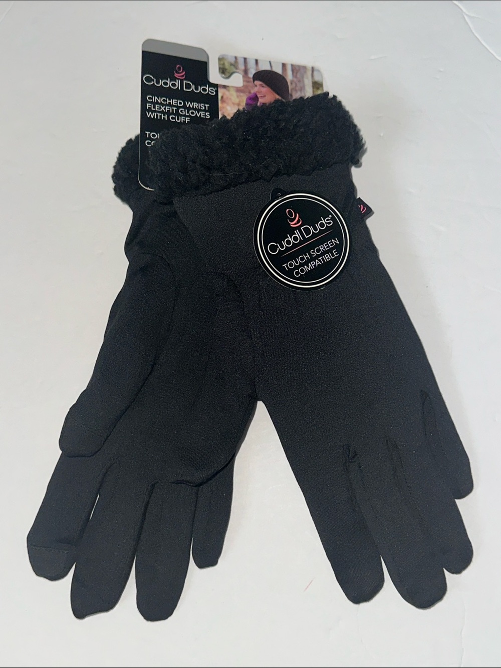 Women’s Cuddl Duds Black Touch Screen Winter Gloves with Faux-Fur Cuff